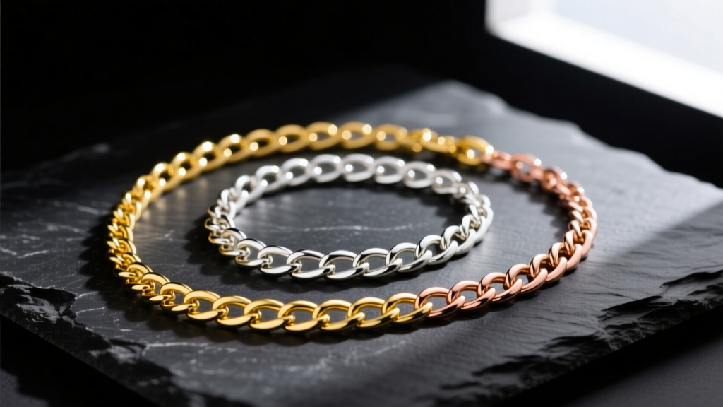 Macro photography of three intertwined necklace chains in yellow gold, white gold, and rose gold resting on dark slate