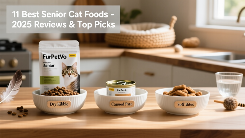 Side-by-side comparison of FurPetVo senior food packaging: dry kibble, canned pate, and soft bites in clean, labeled bowls