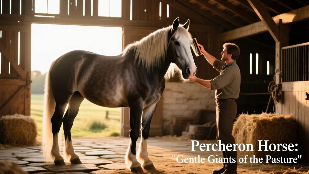 A well-groomed Percheron standing quietly while being brushed, highlighting its dense coat and expressive eyes