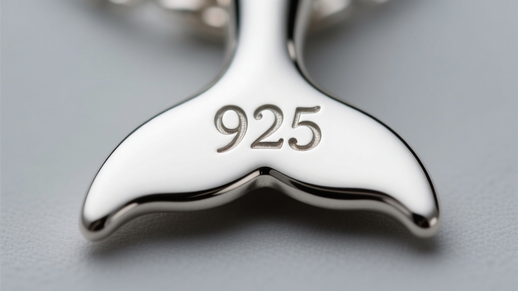 Extreme macro close-up of a tiny 925 hallmark stamped on the flat back of a polished sterling silver dolphin pendant tail fluke
