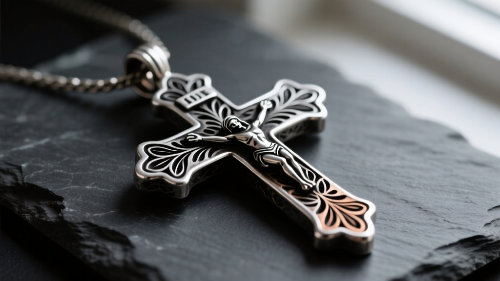 Close-up of an oxidized sterling silver crucifix pendant with blackwork tattoo-style floral engraving resting on dark slate