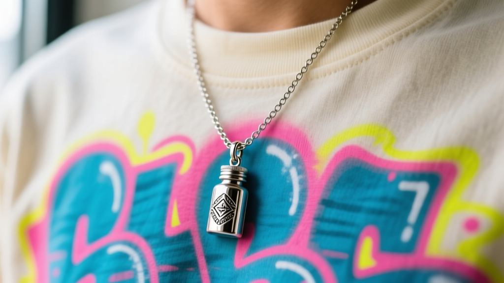 Close-up of a 316L stainless steel miniature bleach bottle charm necklace worn over a vintage graphic streetwear t-shirt.
