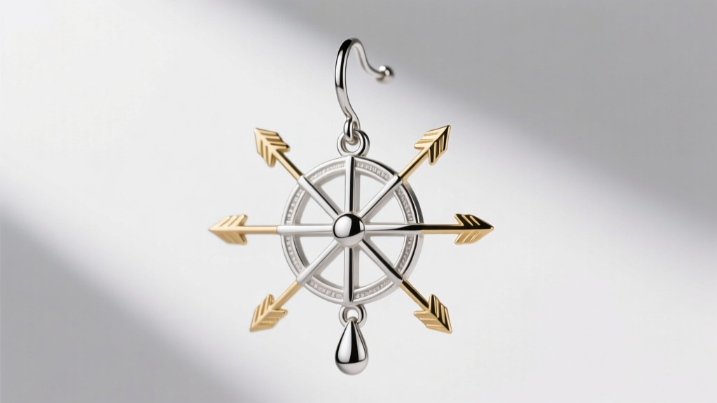 Technical photo showing the center of mass on a sterling silver violin drop earring, with arrows indicating weight distribution