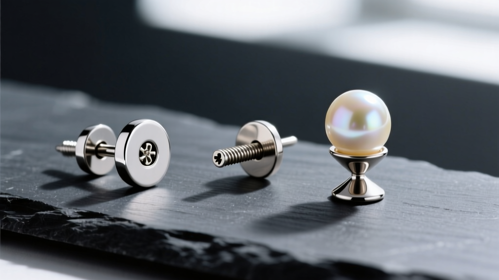 Three earring posts on dark slate: a 20-gauge friction post, an 18-gauge screw back, and a pearl peg post with a cup base
