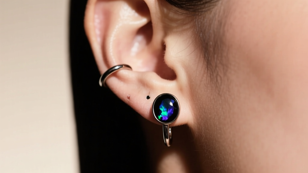 Side view of 18-gauge titanium Night Fury cartilage hoop with black opal, worn on a healed helix piercing in soft light.