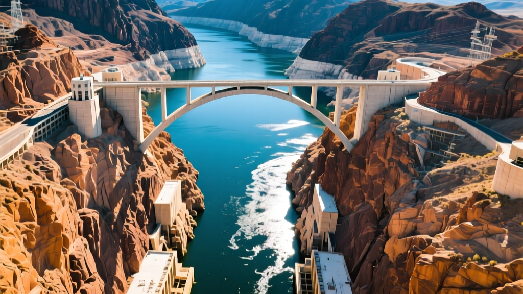 Aerial view of the massive concrete arch-gravity structure of Hoover Dam spanning the Colorado River against rugged desert canyon walls