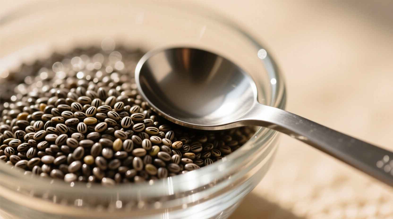 Close-up of chia seeds in glass bowl with measuring spoon