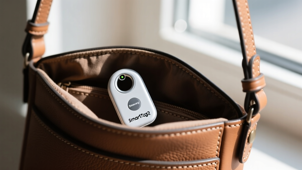 Close-up of a Samsung SmartTag2 hidden inside the lining of a crossbody bag to demonstrate covert tracking techniques.