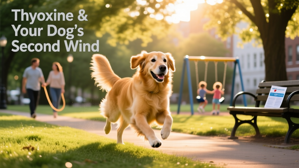 Happy, energetic dog running through a sunlit park—showcasing renewed vitality after successful thyroxine treatment