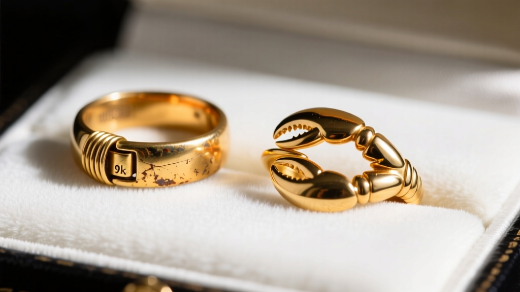 Comparison of a worn 9k gold spring ring clasp and a new 14k gold lobster clasp resting on a white velvet jewelry display pad.