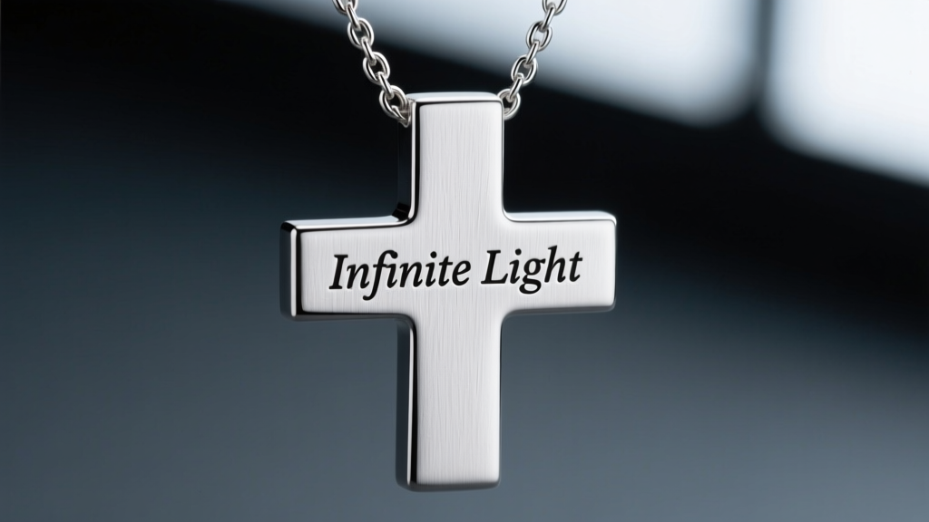 Macro shot of brushed 316L stainless steel cross necklace with verse laser-engraved in crisp sans-serif font on dark slate