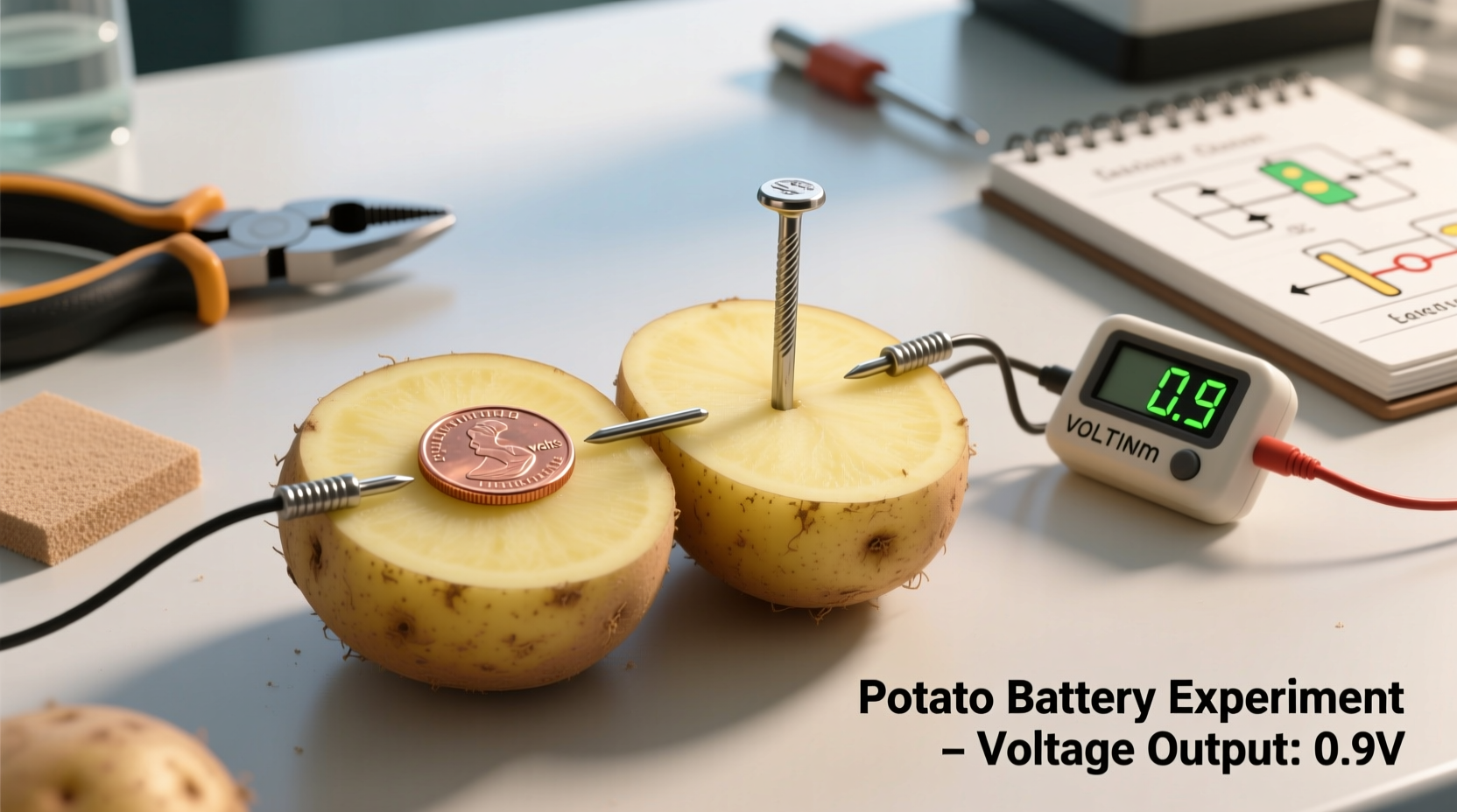 Potato battery experiment showing copper and zinc electrodes