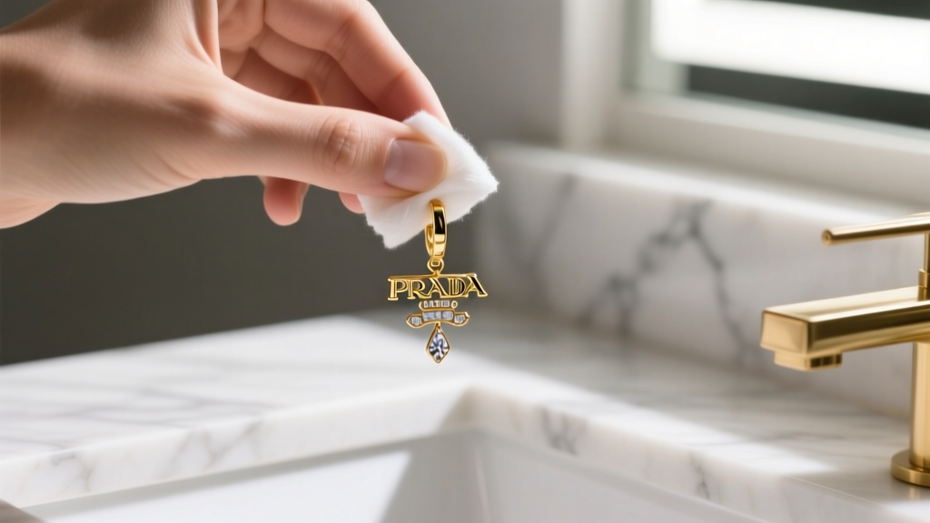 Hands gently wiping a gold-plated Prada drop earring with a damp cotton swab, avoiding crystal settings, on a white marble vanity.
