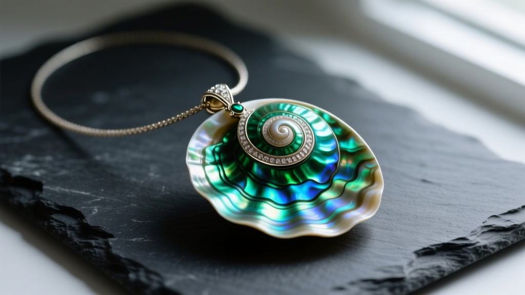 Macro shot of a large iridescent paua shell pendant necklace on dark slate, highlighting vibrant green and blue nacre layers