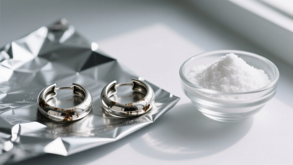 Tarnished 925 sterling silver hoop earrings resting on crinkled aluminum foil next to a small glass bowl of white baking soda.