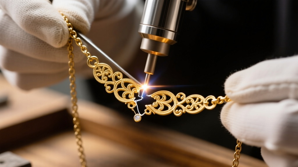 Macro photography of a jeweler using a laser welder to repair a broken link on a fragile Victorian gold-filled lariat chain.