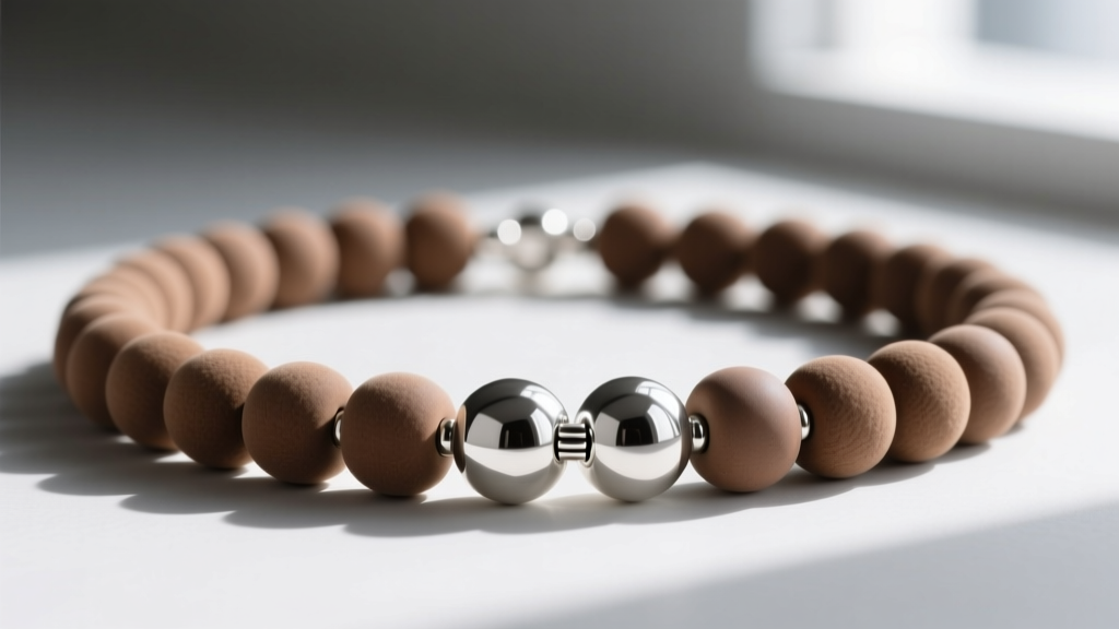 Macro shot of matte ceramic and polished silver flat bead necklaces interlocked, showing precise tension and hidden barrel clasps