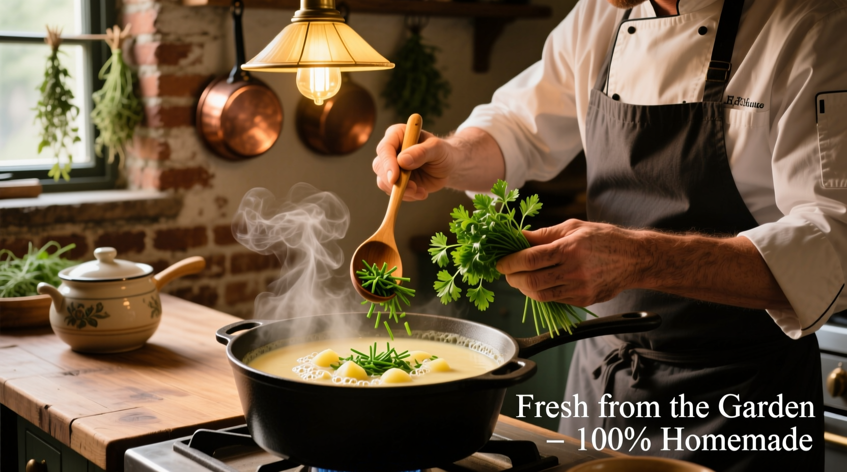 Chef adding fresh herbs to steaming potato soup