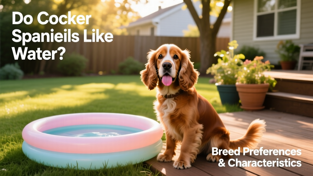Cocker Spaniel sitting calmly beside a small inflatable pool, tongue out and tail wagging, looking relaxed and engaged