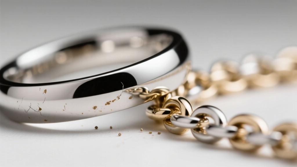 Macro photography showing the friction point where a platinum wedding band slides against a 14k white gold wheat chain, highlighting metal wear