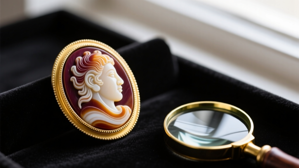 Macro photo of a hand-carved sardonyx cameo in an 18k yellow gold bezel, resting on dark velvet next to a jeweler's 10x loupe