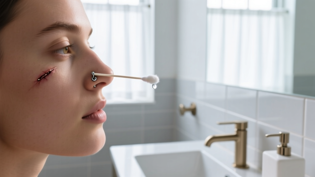 Close-up of a person gently cleaning a healed nostril piercing with sterile saline and a cotton swab in a bright, modern bathroom.