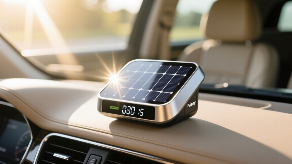 Nulaxy solar-powered tire pressure monitoring system display unit mounted on a car dashboard with sunlight hitting the top solar panel