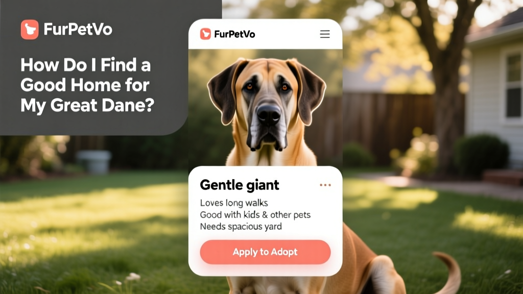 Screenshot-style graphic showing a friendly, mobile-optimized FurPetVo listing page for a Great Dane, with photo, bio highlights, and 'Apply to Adopt' button