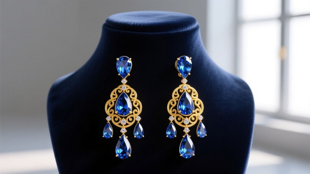Elegant dauplaise earrings featuring cascading teardrop sapphires set in 18k yellow gold, displayed on a dark velvet jewelry bust.