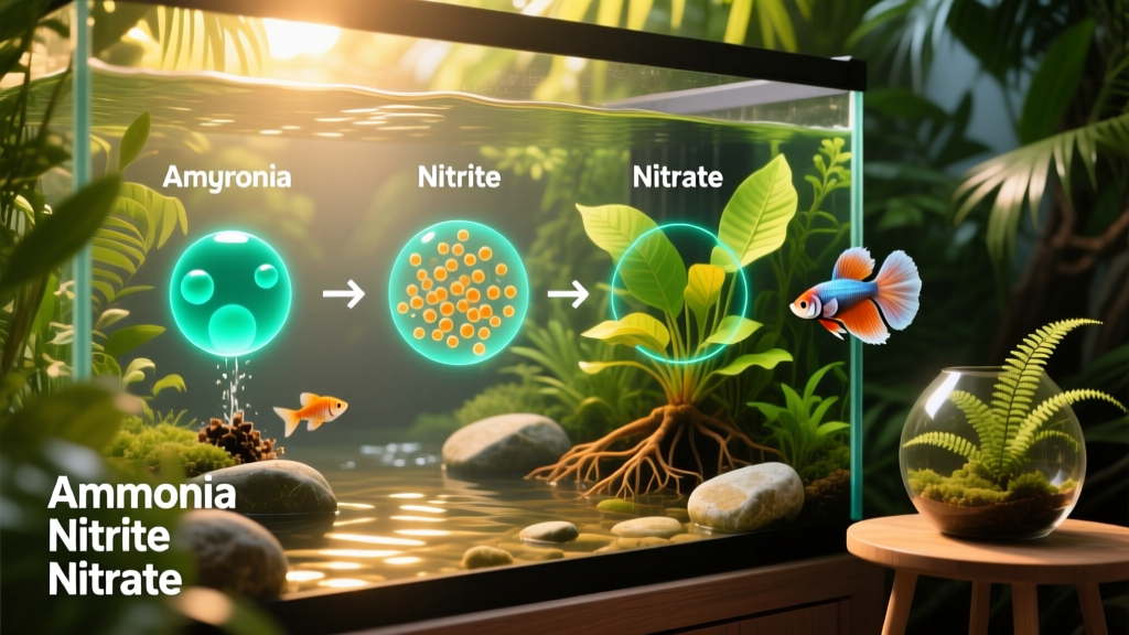 Diagram illustrating the three-stage nitrogen conversion process: ammonia → nitrite → nitrate