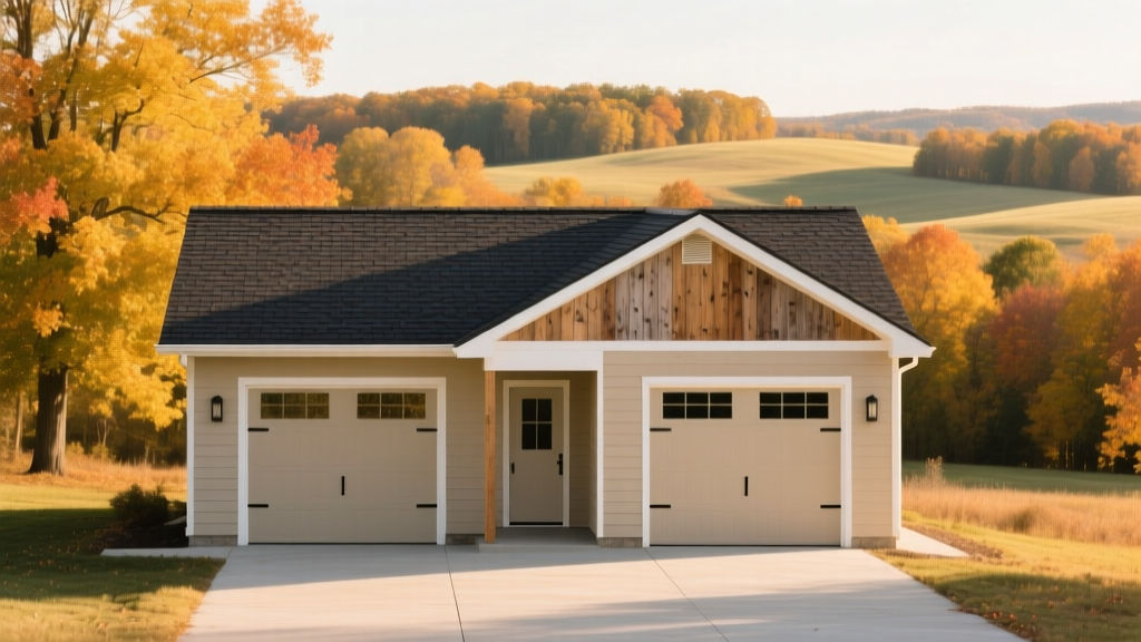 Newly constructed two-car stick-built garage with beige vinyl siding and dark shingle roof against a crisp Indiana autumn landscape