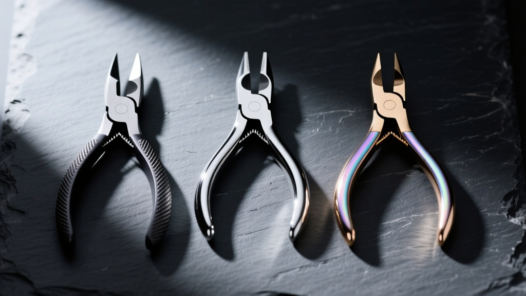 Three jewelry tools lined up on dark slate, highlighting carbon steel, stainless steel, and titanium-coated plier finishes.