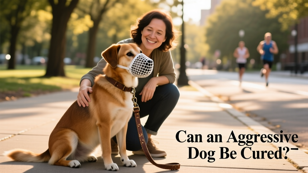 A dog wearing a comfortable basket muzzle while calmly sitting beside its owner on a walk