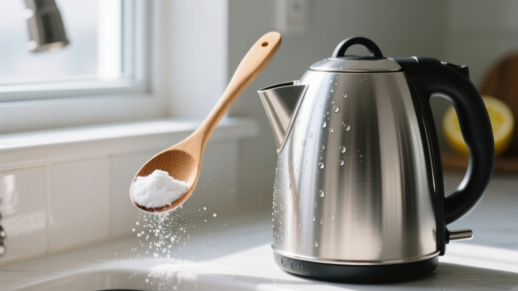 Homeowner cleaning a stainless steel electric kettle interior using a wooden spoon and white citric acid powder to remove hard water scale