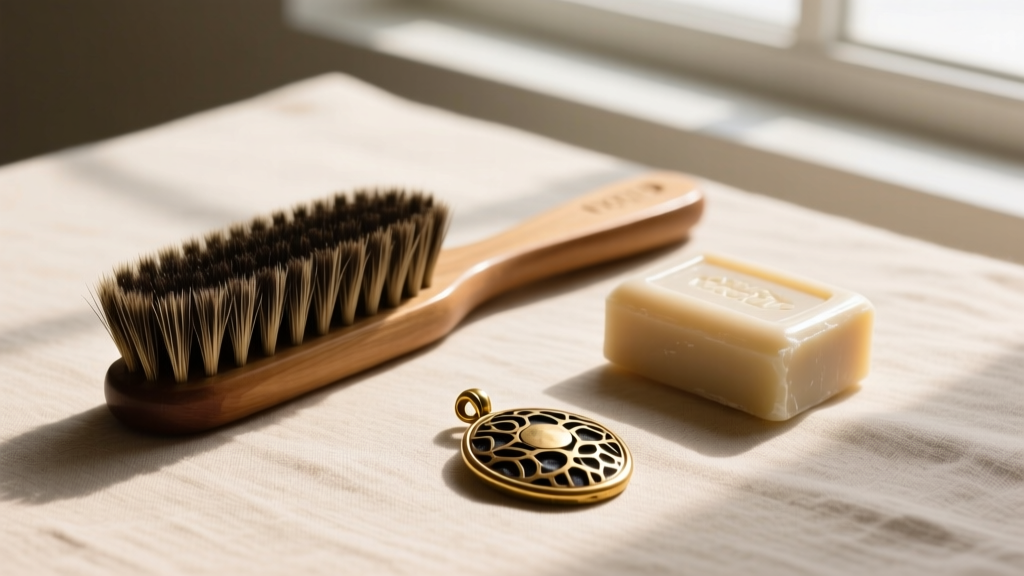 Flat lay of cleaning tools including a horsehair brush, mild soap, and an antique gold pendant with dark crevice patina details