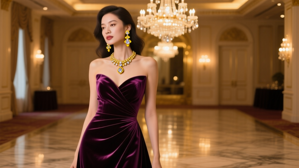 Woman in velvet gala gown wearing 18k yellow gold chandelier earrings with diamond accents under warm, ambient ballroom lighting