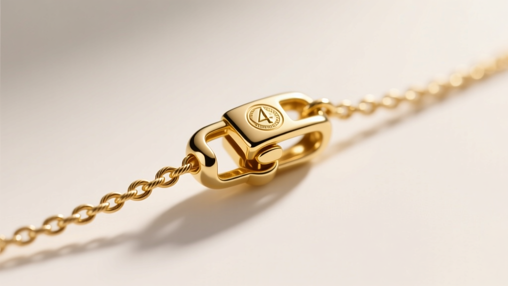 Close-up of a polished 14k yellow gold necklace shortener clasp sliding along a delicate 1.2mm cable chain, soft studio lighting