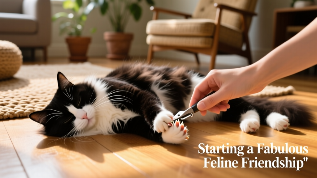 a long-haired black and white cat lying on its side while a person carefully trims their claws
