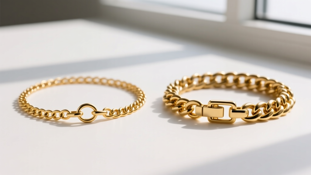 Side-by-side comparison of a gold vermeil chain and a solid 10k gold chain, highlighting the color difference and clasp thickness