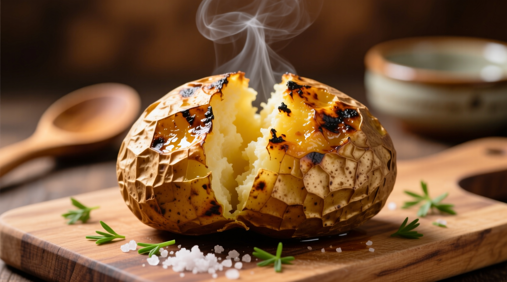 Perfectly grilled baked potato with crispy skin and fluffy interior