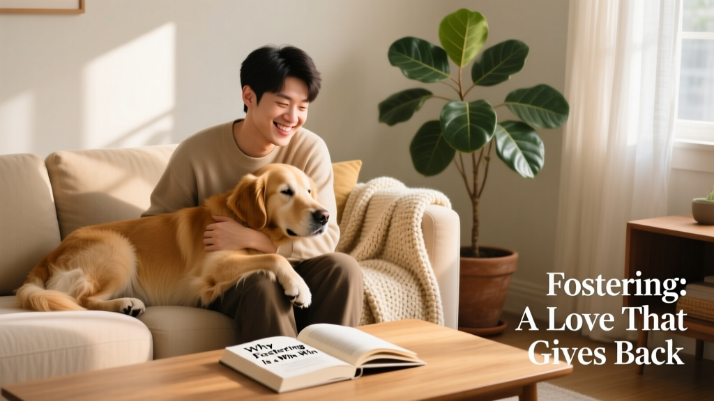 A smiling person gently holding a calm, relaxed dog in a cozy living room setting