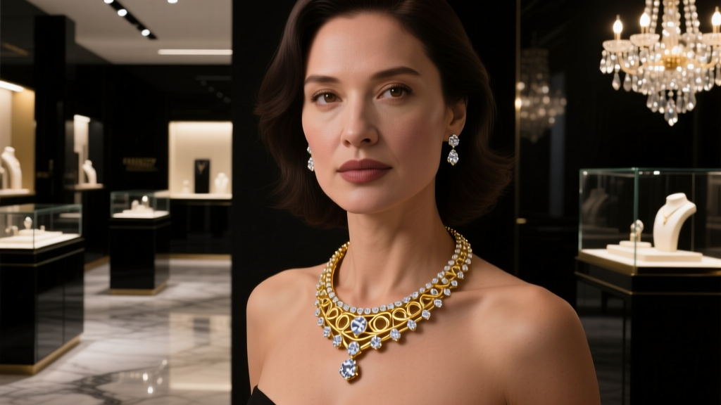 Close-up of a woman wearing an 18k gold and diamond tennis necklace in a dimly lit luxury boutique, cinematic lighting, sharp focus