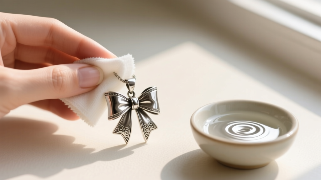 Hands using a microfiber cloth to gently clean a tarnished silver bow pendant, alongside a small bowl of silver cleaning solution