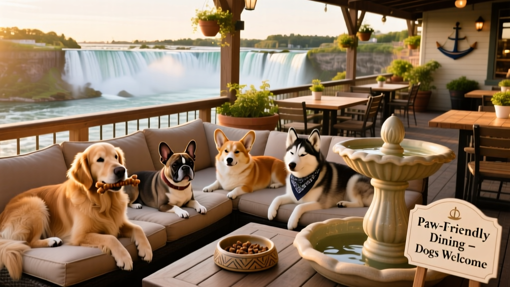 Dogs relaxing on a sunny outdoor patio at a restaurant overlooking Niagara Falls
