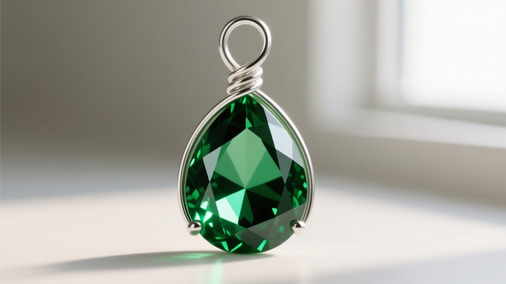 Close-up of 22-gauge argentium silver wire looped around the top of a teardrop faceted green onyx briolette gemstone