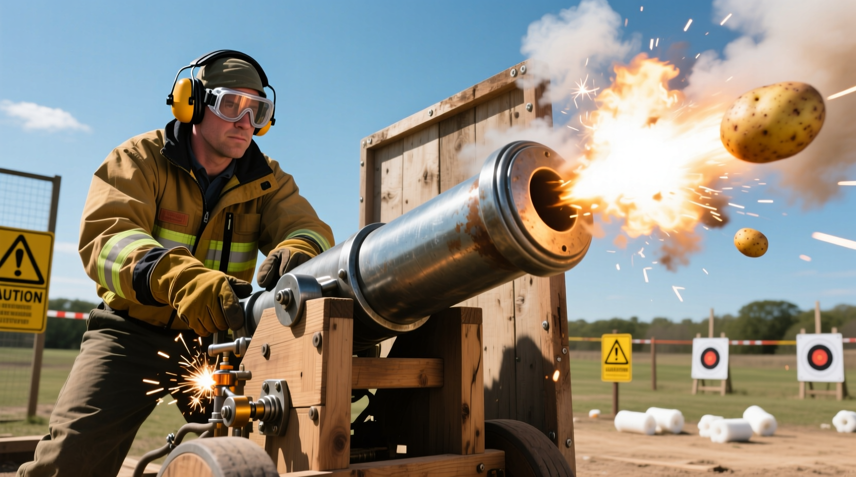 Potato mortar cannon demonstration with safety gear