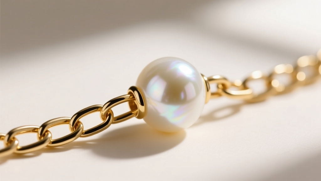 Close-up of 14k gold paperclip chain linking through side-drilled white baroque pearl, highlighting the secure jump ring connection