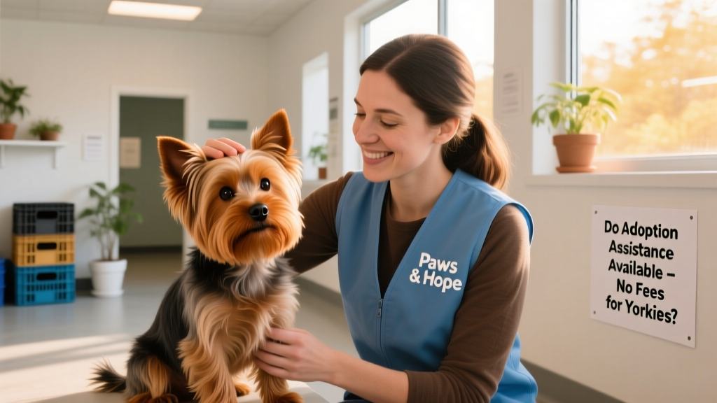 A friendly Yorkie sitting beside a volunteer at a clean, well-lit animal shelter