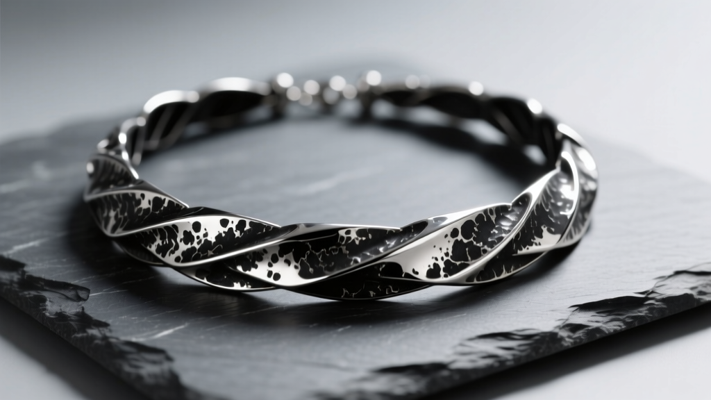 Oxidized black silver necklace on slate, showing sharp contrast between dark recesses and polished silver high points.