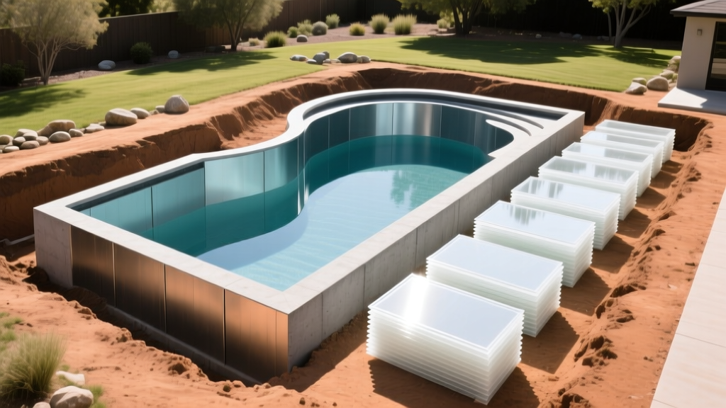 Aerial view of an excavated backyard showing a steel-reinforced shotcrete pool shell next to stacked fiberglass pool materials.